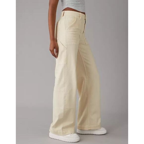 American Eagle Jeans Womens Size 12 Ivory Stretch Super High-Rise Baggy Wide Leg - Picture 3 of 16